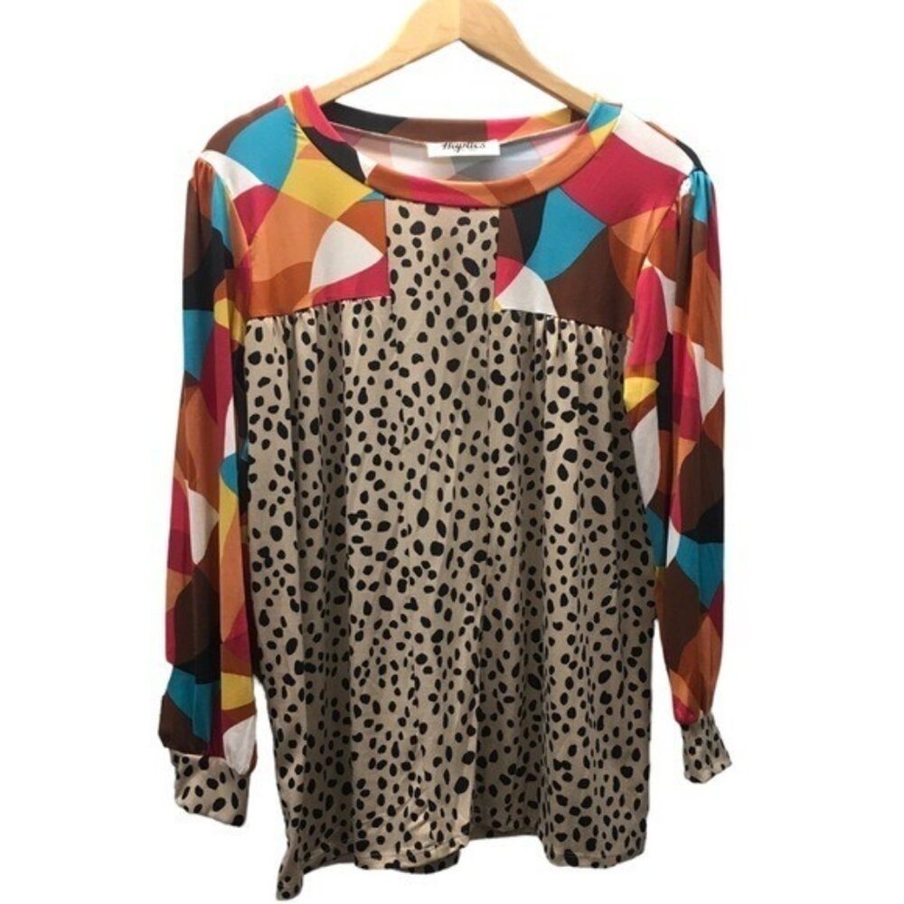 Artsy Geometric Animal Print Top Women Size large Long Sleeve Colorful Boho - Picture 13 of 16